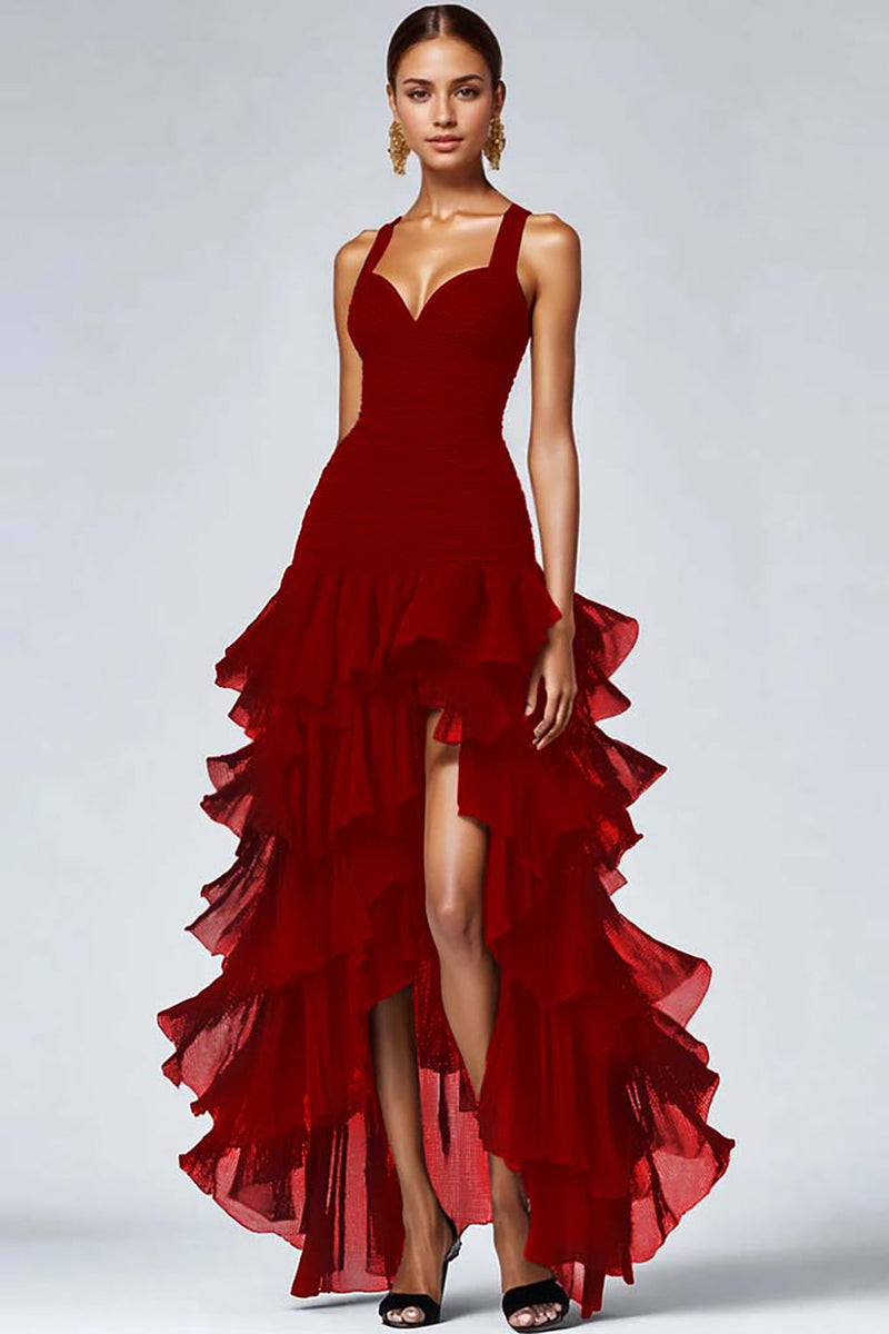 Hellymoon Women Ruffled Formal Dress Organza High-Low Black Tie Dress ...