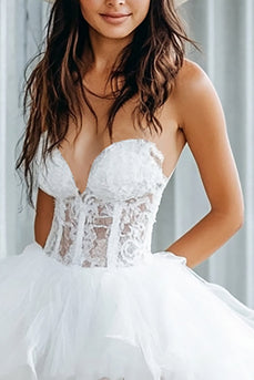 White Corset Lace High-Low Wedding Dress