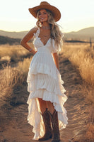 Load image into Gallery viewer, Ivory A Line High Low Tiered Ruffled Holiday Dress