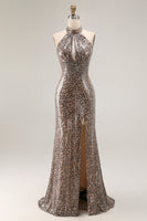 Load image into Gallery viewer, Glitter Golden Leopard Mermaid Halter Long Prom Dress with Slit