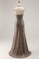 Load image into Gallery viewer, Glitter Golden Leopard Mermaid Halter Long Prom Dress with Slit