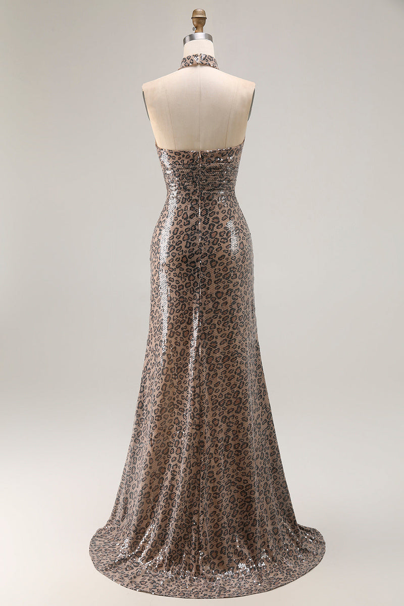 Load image into Gallery viewer, Glitter Golden Leopard Mermaid Halter Long Prom Dress with Slit
