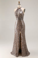 Load image into Gallery viewer, Glitter Golden Leopard Mermaid Halter Long Prom Dress with Slit