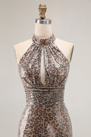 Load image into Gallery viewer, Glitter Golden Leopard Mermaid Halter Long Prom Dress with Slit