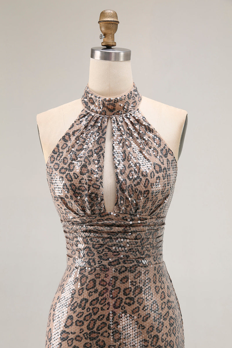 Load image into Gallery viewer, Glitter Golden Leopard Mermaid Halter Long Prom Dress with Slit