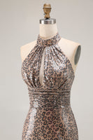 Load image into Gallery viewer, Glitter Golden Leopard Mermaid Halter Long Prom Dress with Slit