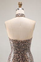 Load image into Gallery viewer, Glitter Golden Leopard Mermaid Halter Long Prom Dress with Slit