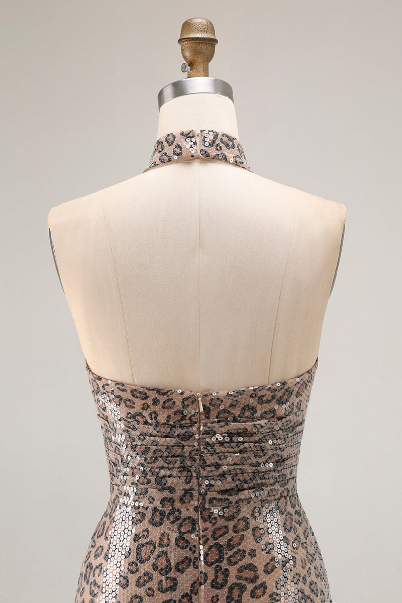 Load image into Gallery viewer, Glitter Golden Leopard Mermaid Halter Long Prom Dress with Slit