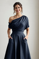 Load image into Gallery viewer, Black Satin A Line Mother Of The Bride Dress With Pockets