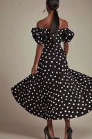 Load image into Gallery viewer, Black A Line Off The Shoulder White Polka Dots Dress with Slit