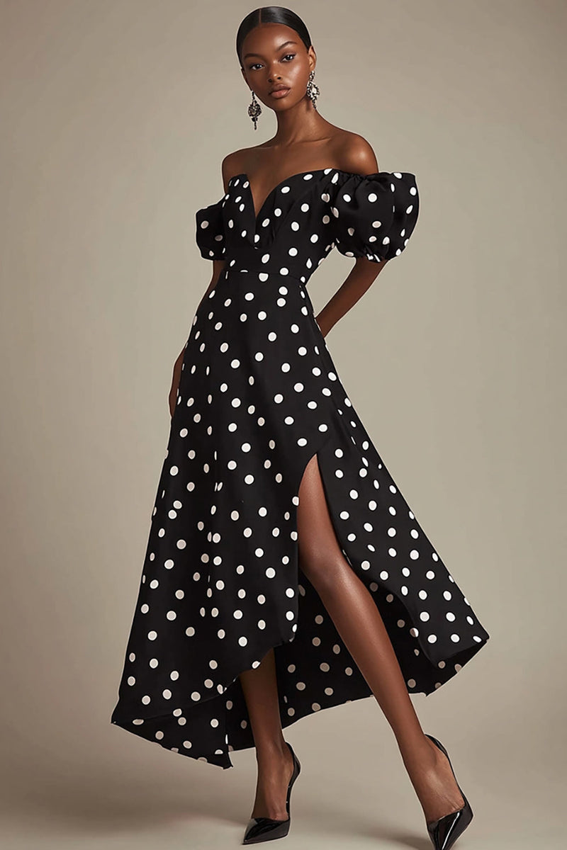 Load image into Gallery viewer, Black A Line Off The Shoulder White Polka Dots Dress with Slit