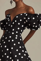 Load image into Gallery viewer, Black A Line Off The Shoulder White Polka Dots Dress with Slit