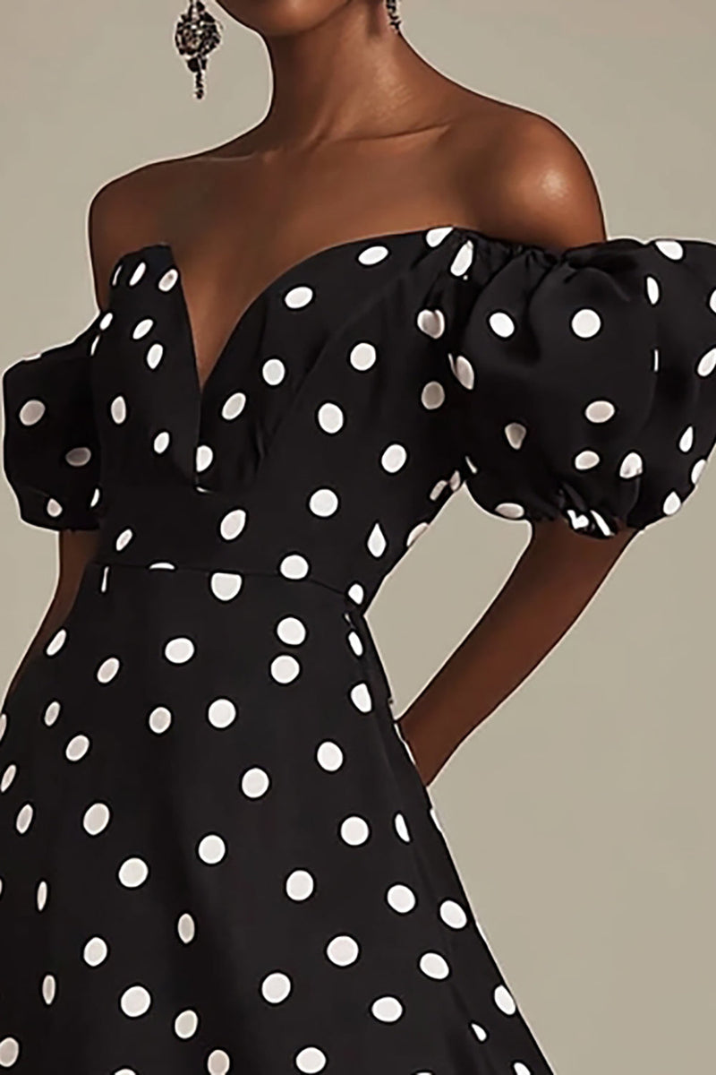 Load image into Gallery viewer, Black A Line Off The Shoulder White Polka Dots Dress with Slit