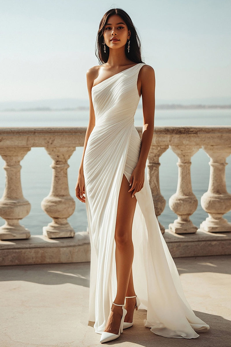 Load image into Gallery viewer, Chiffon Ivory One Shoulder Maxi Sheath Beach Engagement Dress with Slit