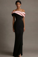 Load image into Gallery viewer, Black and Pink Satin Ruffled Off the Shoulder Sheath Long Evening Dress