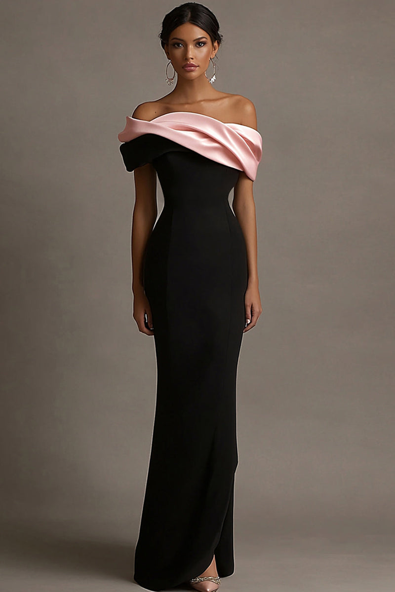 Load image into Gallery viewer, Black and Pink Satin Ruffled Off the Shoulder Sheath Long Evening Dress
