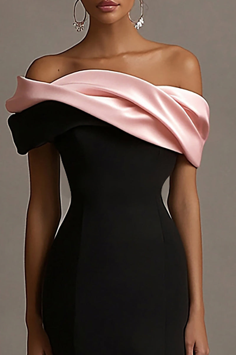 Load image into Gallery viewer, Black and Pink Satin Ruffled Off the Shoulder Sheath Long Evening Dress