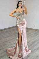Load image into Gallery viewer, Grey Pink Spaghetti Straps Mermaid Long Prom Dress with Beading