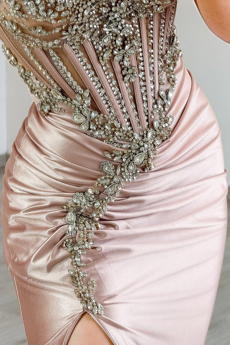 Load image into Gallery viewer, Grey Pink Spaghetti Straps Mermaid Long Prom Dress with Beading