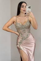 Load image into Gallery viewer, Grey Pink Spaghetti Straps Mermaid Long Prom Dress with Beading