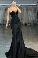 Load image into Gallery viewer, Sparkly Burgundy Strapless Mermaid Long Prom Dress with Slit