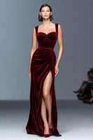 Load image into Gallery viewer, Burgundy A-Line Velvet Ruched Long Formal Dress