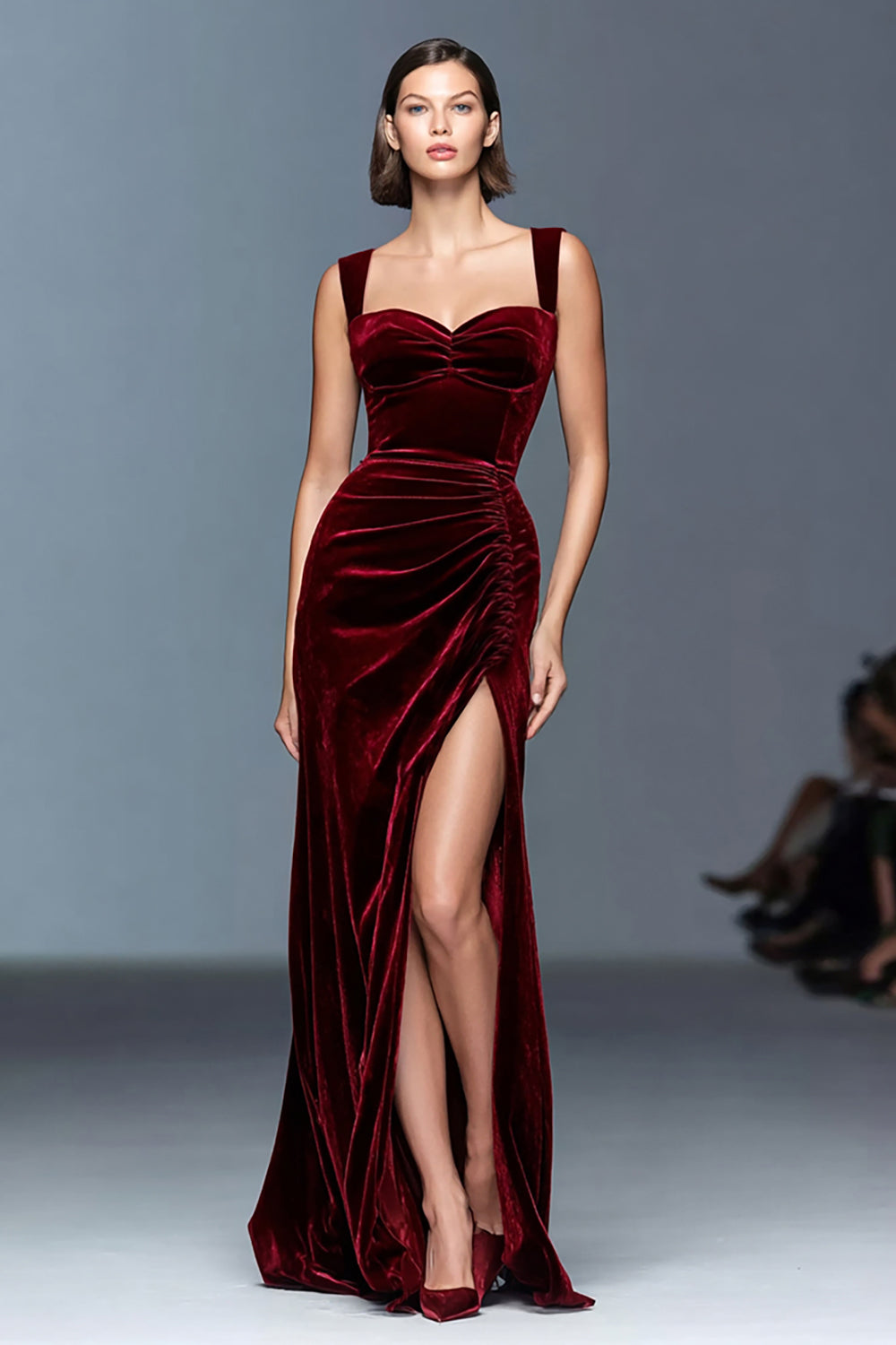 Burgundy A-Line Velvet Ruched Long Formal Dress
