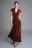 Load image into Gallery viewer, Velvet Caramel Ruched V Neck Long Formal Dress