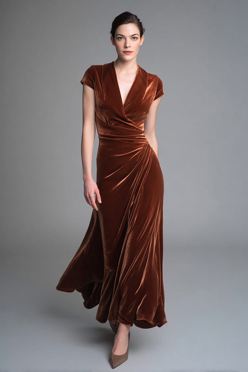 Load image into Gallery viewer, Velvet Caramel Ruched V Neck Long Formal Dress