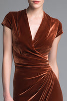 Load image into Gallery viewer, Velvet Caramel Ruched V Neck Long Formal Dress