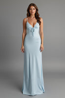 Load image into Gallery viewer, Sky Blue Satin Sheath Spaghetti Straps Long Evening Dress