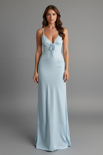 Sky Blue Satin Sheath Spaghetti Straps Long Evening Dress