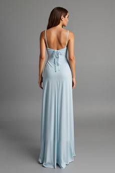 Sky Blue Satin Sheath Spaghetti Straps Long Evening Dress