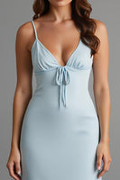 Load image into Gallery viewer, Sky Blue Satin Sheath Spaghetti Straps Long Evening Dress