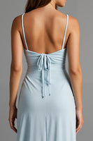 Load image into Gallery viewer, Sky Blue Satin Sheath Spaghetti Straps Long Evening Dress