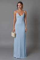 Load image into Gallery viewer, Simple Sky Blue Satin Sheath Spaghetti Straps Long Evening Dress