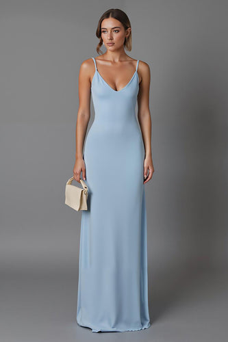 Simple Sky Blue Satin Sheath Spaghetti Straps Long Evening Dress