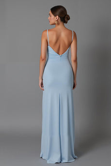 Simple Sky Blue Satin Sheath Spaghetti Straps Long Evening Dress