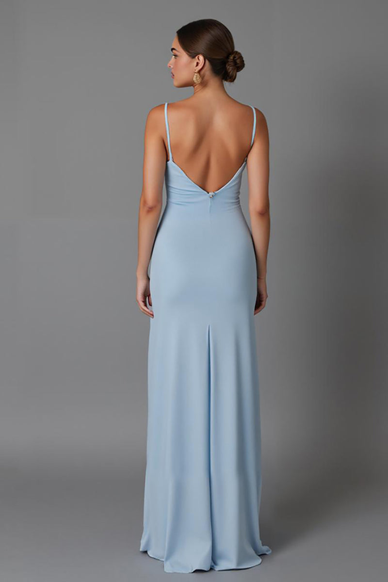 Load image into Gallery viewer, Simple Sky Blue Satin Sheath Spaghetti Straps Long Evening Dress