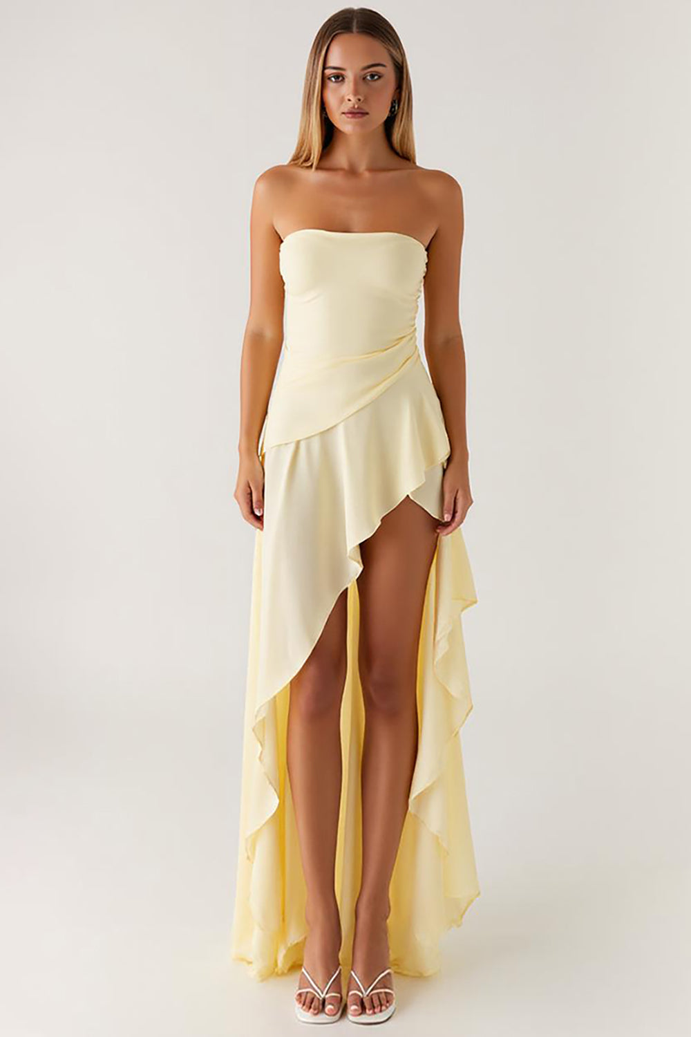 Ruffled Strapless Chiffon Daffodil High-Low Formal Dress