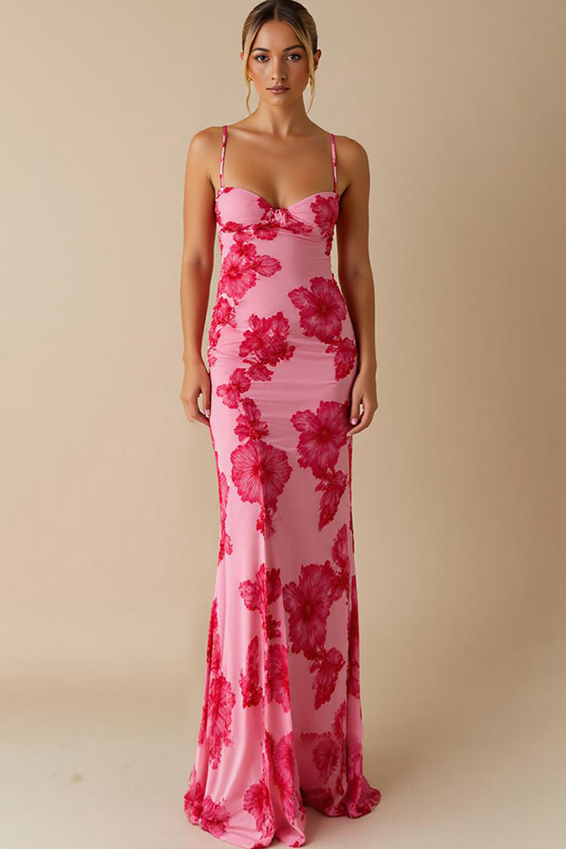 Load image into Gallery viewer, Chiffon Printed Light Pink Spaghetti Straps Sheath Long Evening Dress