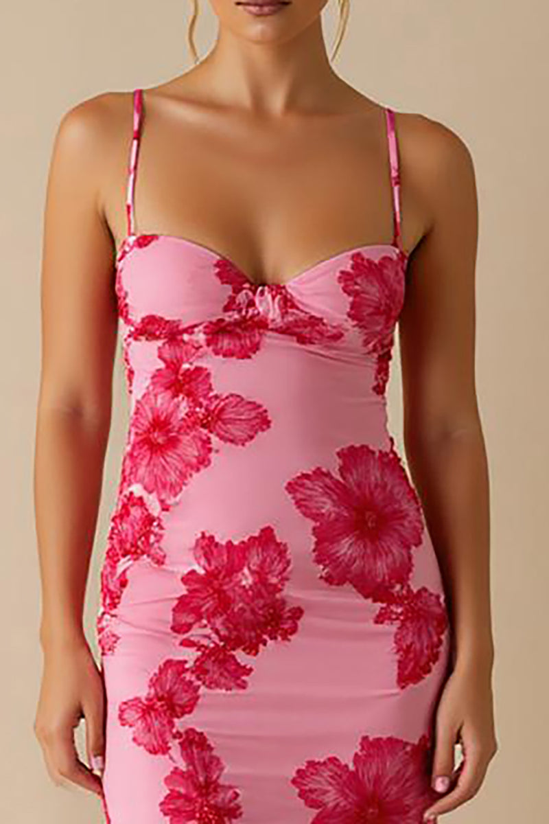 Load image into Gallery viewer, Chiffon Printed Light Pink Spaghetti Straps Sheath Long Evening Dress