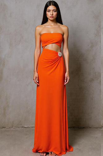 Cut Out Strapless Sheath Chiffon Orange Long Evening Dress
