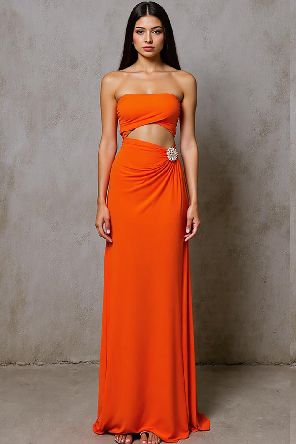 Cut Out Strapless Sheath Chiffon Orange Long Evening Dress