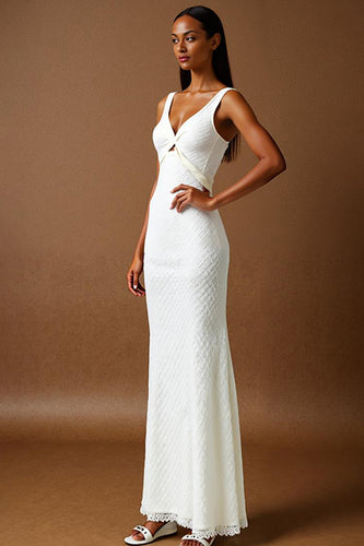 V Neck Ivory Chiffon Mermaid Evening Dress