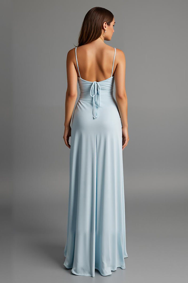 Load image into Gallery viewer, Sky Blue Spaghetti Straps Satin Sheath Evening Dress