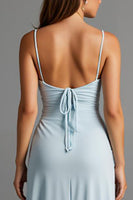 Load image into Gallery viewer, Sky Blue Spaghetti Straps Satin Sheath Evening Dress