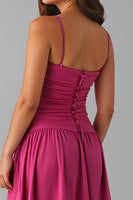Load image into Gallery viewer, Spaghetti Straps A Line Fuchsia Cotton Evening Dress