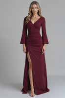 Load image into Gallery viewer, Dark Red V Neck Satin Mermaid Evening Dress with Slit