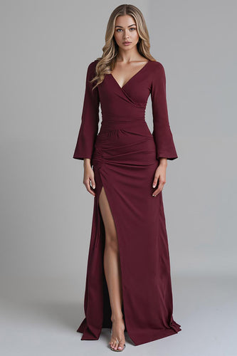 Dark Red V Neck Satin Mermaid Evening Dress with Slit